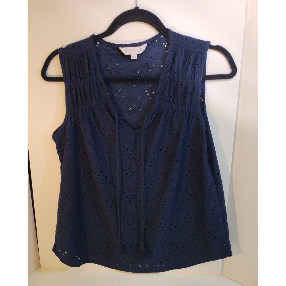 Nanette Lepore Womens Navy Blue Eyelet Sleeveless V-Neck Top Small Romantic Boho